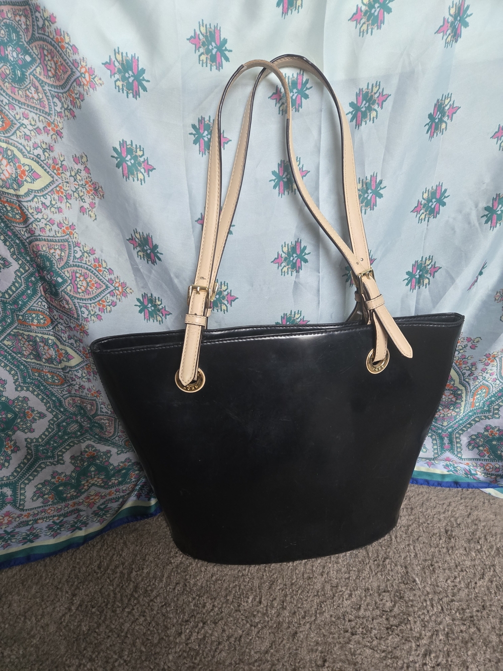 Michael Kors Patent Black Tote with Beige Straps